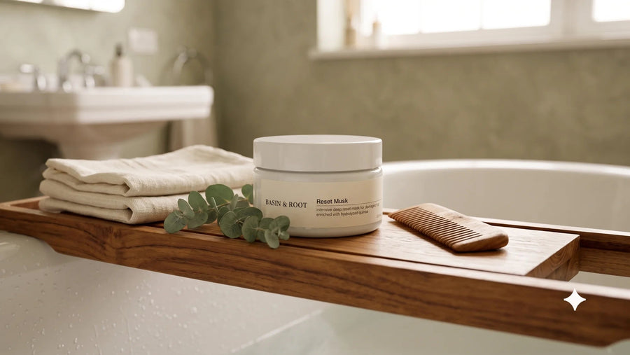 Basin & Root Hair Reset Mask 250ml — jar styled on wooden bath tray