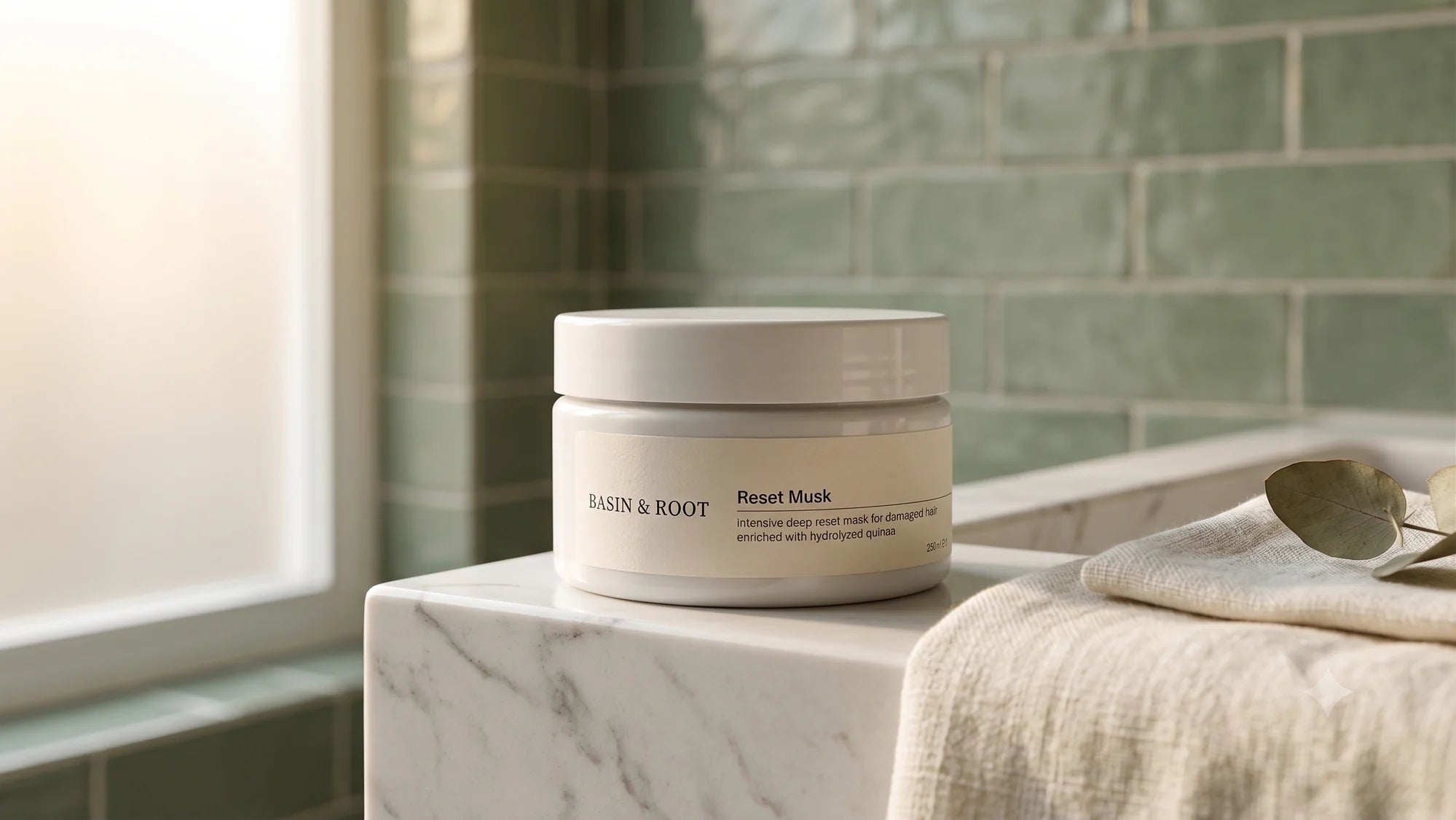 Basin & Root Hair Reset Mask 250ml — jar styled on marble bath basin