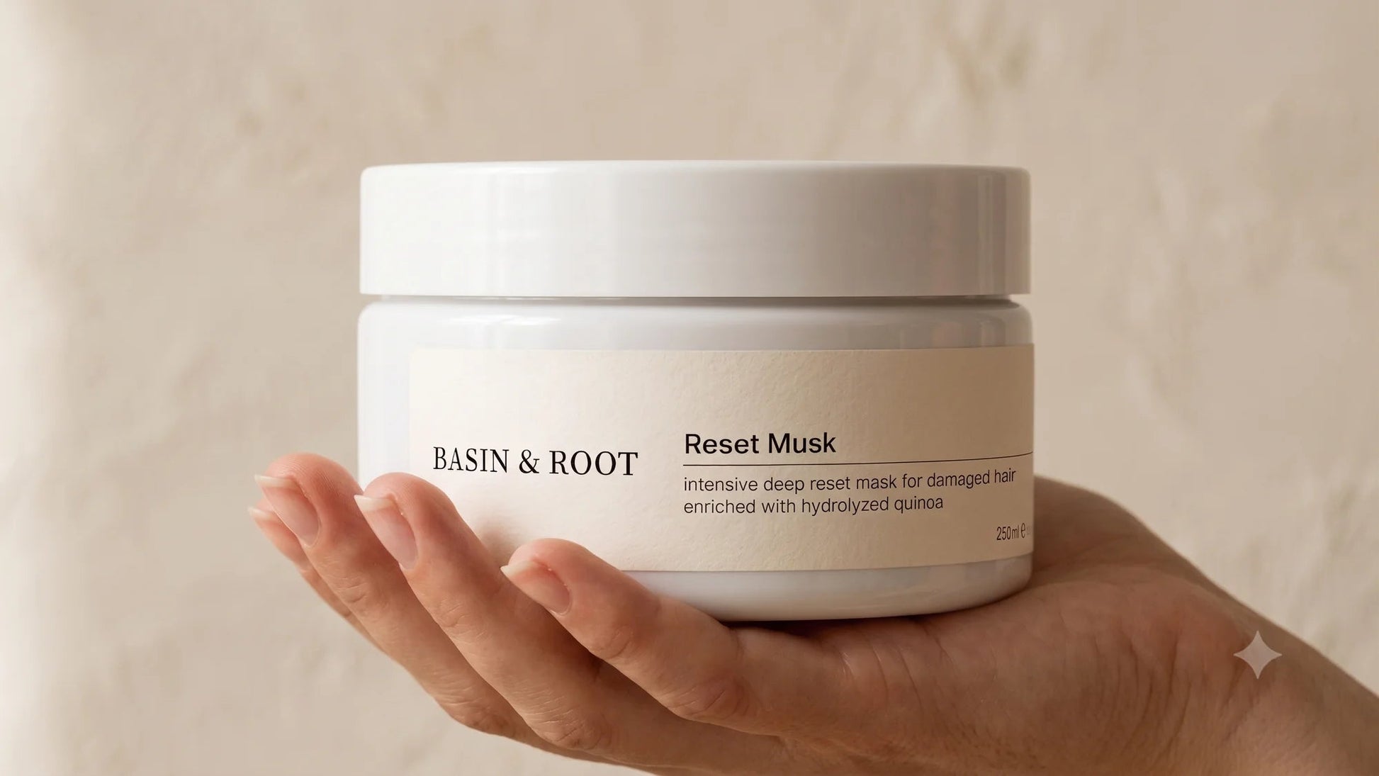Basin & Root Hair Reset Mask 250ml — jar held in hand