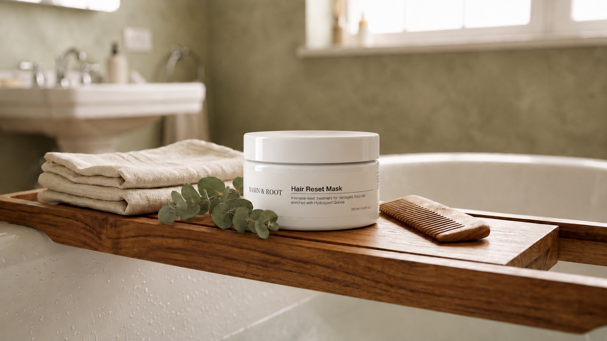 Basin & Root Hair Reset Mask beside a towel and comb on a bath tray